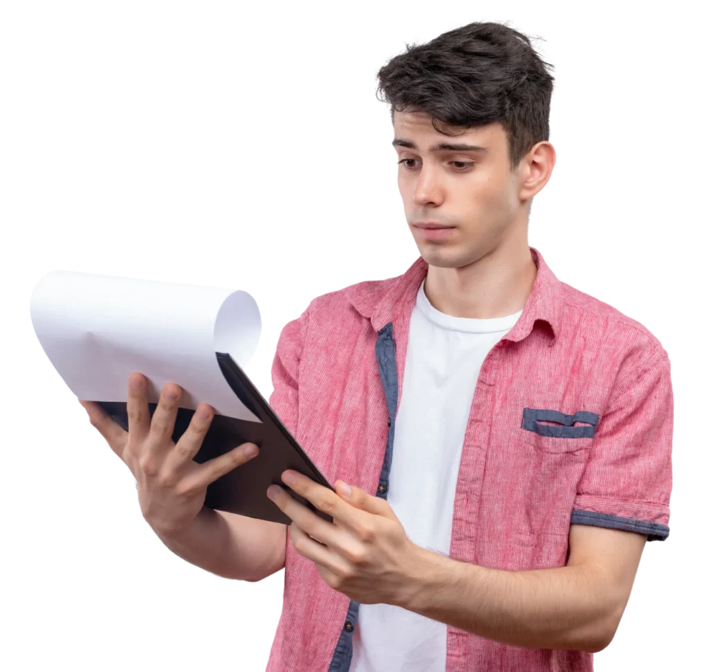 Man in a red shirt reading a document, looking surprised or confused against white background.