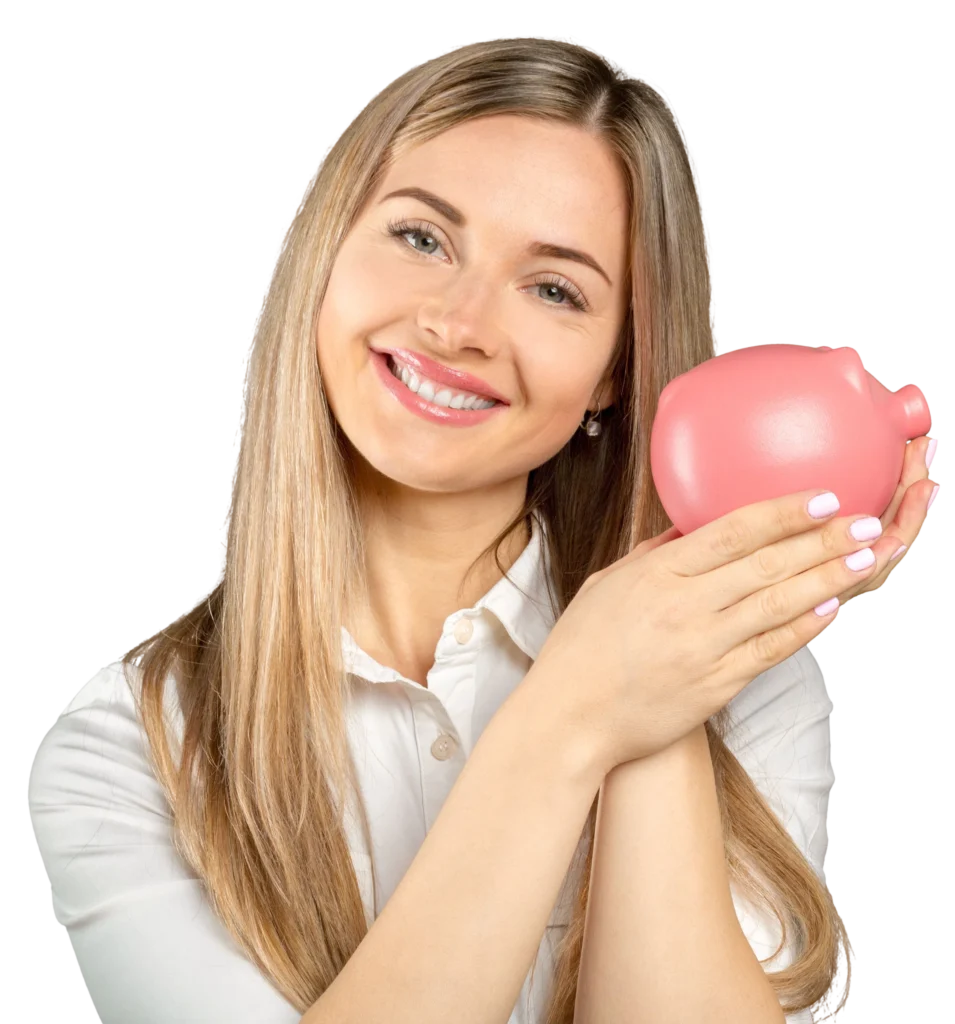 Smiling woman holds a pink piggy bank, symbolizing savings and financial planning concept.