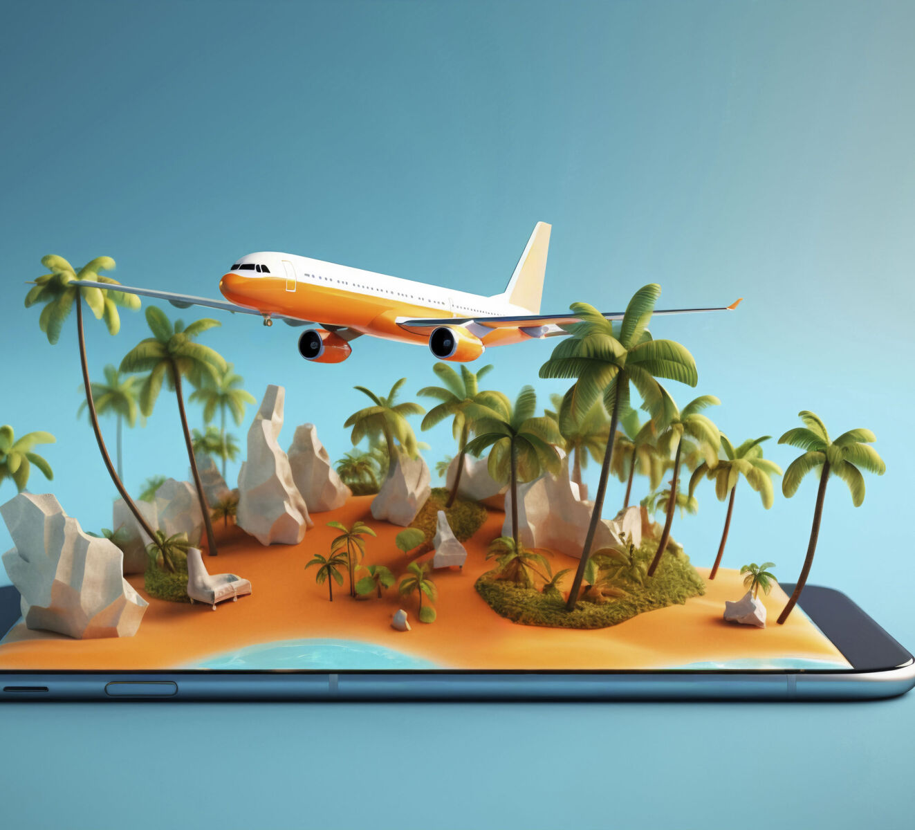 Airplane flying over tropical island emerging from smartphone, symbolizing mobile travel and vacation planning.