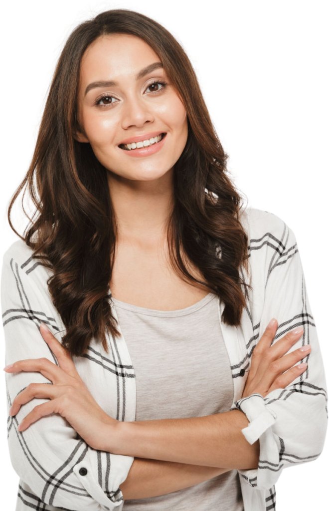 Smiling woman in casual plaid shirt crossing arms, isolated on white background.