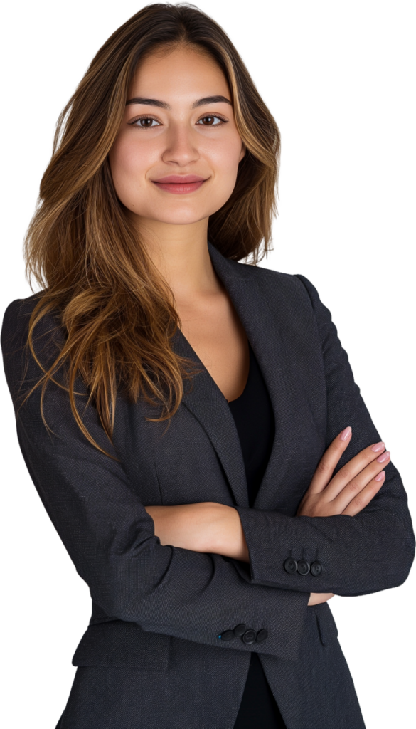 Professional woman in a business suit with arms crossed, confident and poised against a white background.