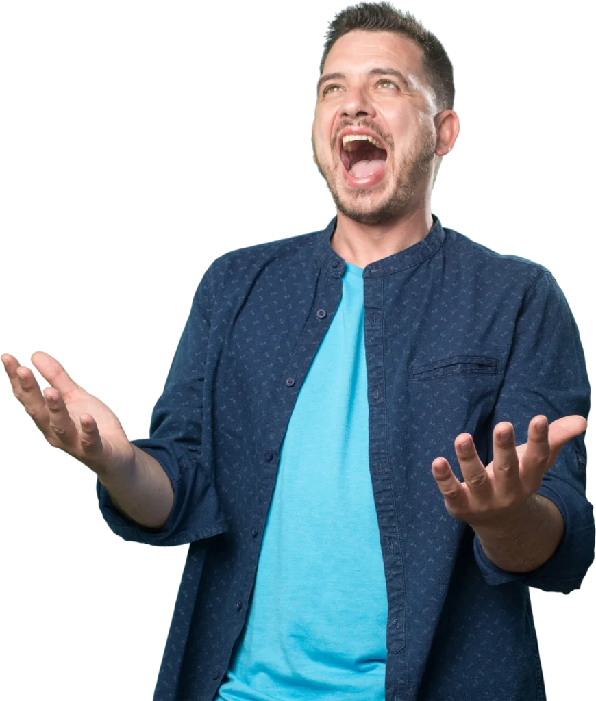 Man in blue shirt expressing excitement with open arms and wide smile on a transparent background.